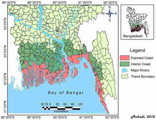 The Exposed coast and interior coast of Bangladesh modified by Md. Mahadi Hasan after: PDO-ICZMP,2003